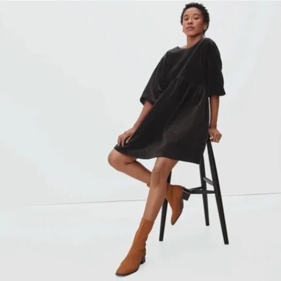 Everlane The Corduroy Mini Dress in Black Puff Sleeve Oversized Babydoll Size M - Picture 2 of 14